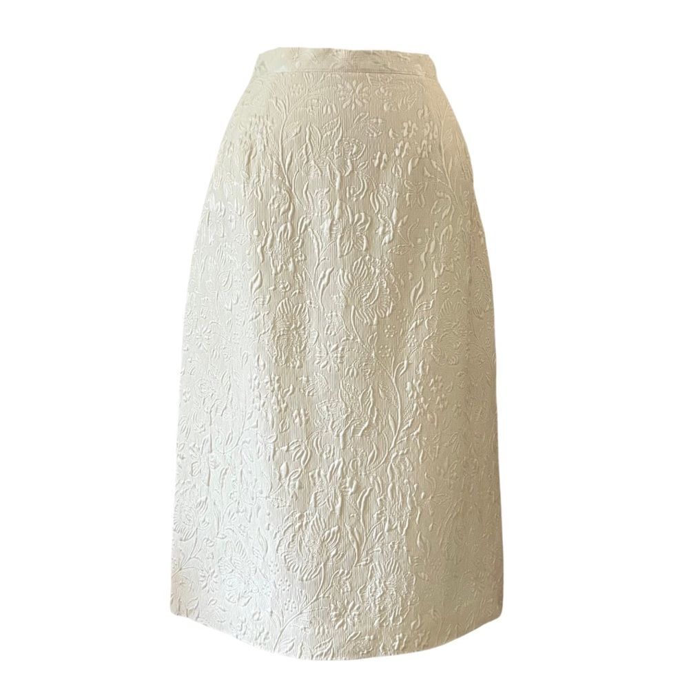 VINTAGE Silk Jacquard Midi Skirt Cream Ivory Floral Wool 10